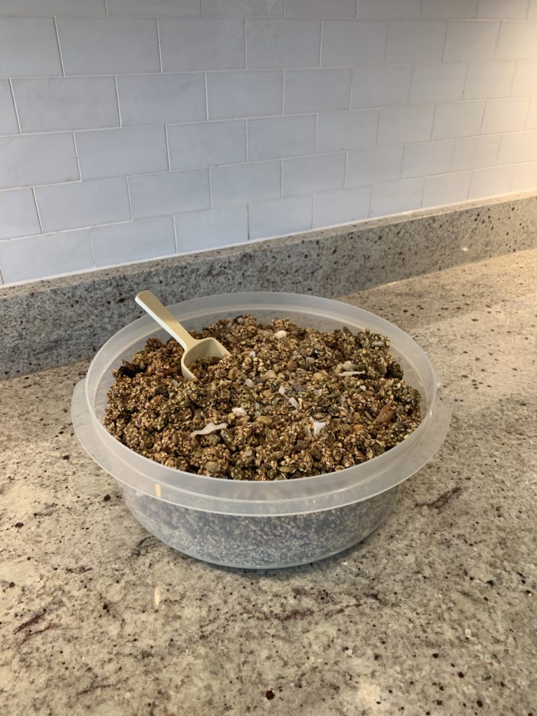 Big batch of whole food plant based no oil no sugar tasty AF granola for road trip. It's loaded with steel cut oats, rolled oats, buckwheat, flax seeds, chia seeds, sunflower seeds, pumpkin seeds, poppy seeds, black sesame seeds, white sesame seeds, teff, millet, coconut, raisins, dates, cinnamon, cloves, allspice, nutmeg, cardamom, walnuts, pecans
and more ....